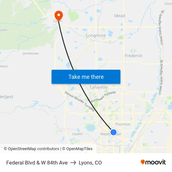 Federal Blvd & W 84th Ave to Lyons, CO map