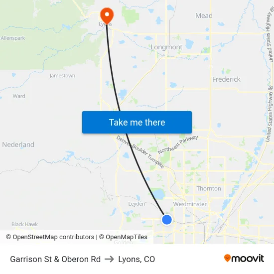 Garrison St & Oberon Rd to Lyons, CO map