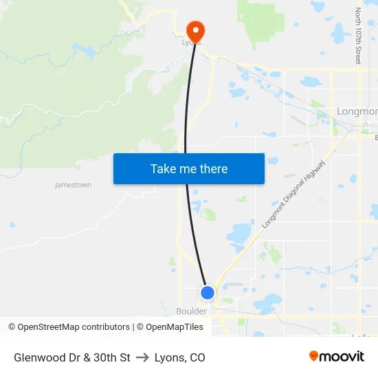 Glenwood Dr & 30th St to Lyons, CO map