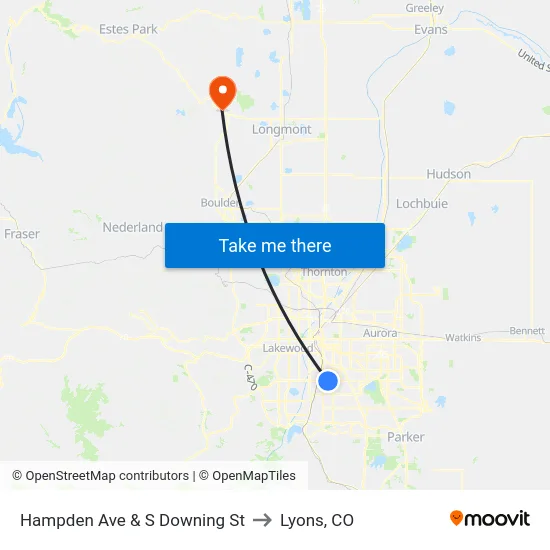 Hampden Ave & S Downing St to Lyons, CO map