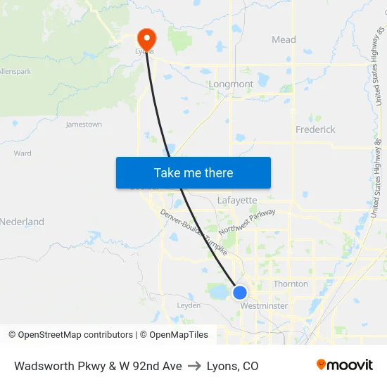 Wadsworth Pkwy & W 92nd Ave to Lyons, CO map
