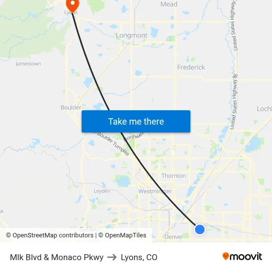 Mlk Blvd & Monaco Pkwy to Lyons, CO map