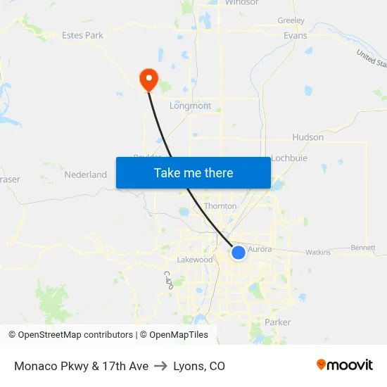 Monaco Pkwy & 17th Ave to Lyons, CO map