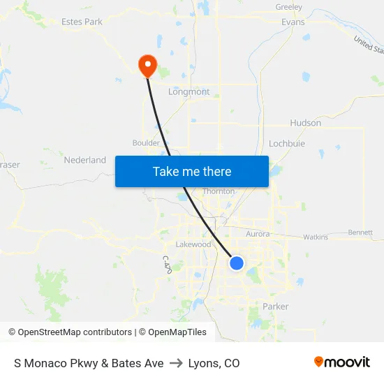 S Monaco Pkwy & Bates Ave to Lyons, CO map