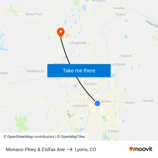 Monaco Pkwy & Colfax Ave to Lyons, CO map