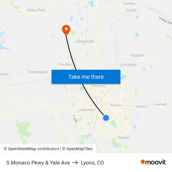 S Monaco Pkwy & Yale Ave to Lyons, CO map