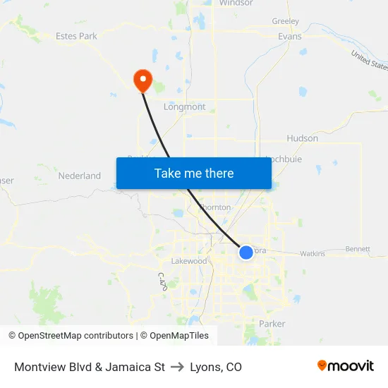 Montview Blvd & Jamaica St to Lyons, CO map