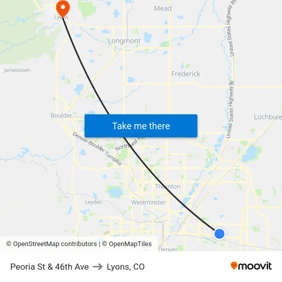 Peoria St & 46th Ave to Lyons, CO map