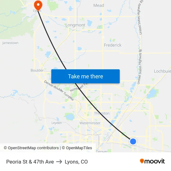 Peoria St & 47th Ave to Lyons, CO map