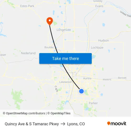 Quincy Ave & S Tamarac Pkwy to Lyons, CO map