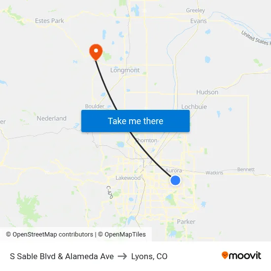 S Sable Blvd & Alameda Ave to Lyons, CO map