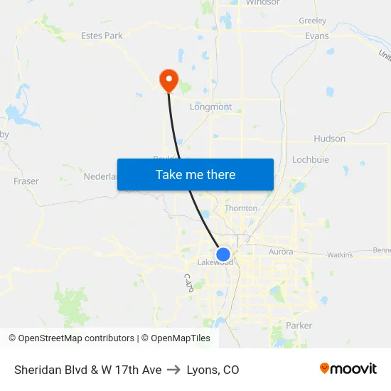Sheridan Blvd & W 17th Ave to Lyons, CO map