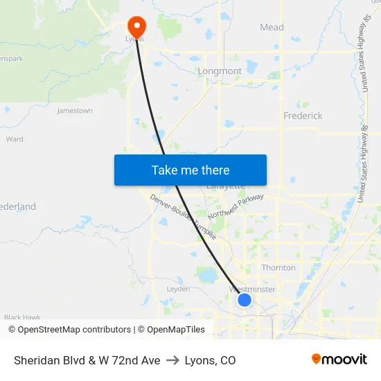 Sheridan Blvd & W 72nd Ave to Lyons, CO map