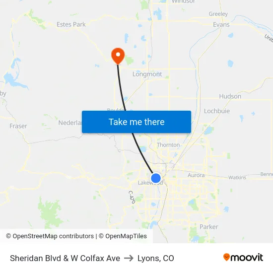 Sheridan Blvd & W Colfax Ave to Lyons, CO map