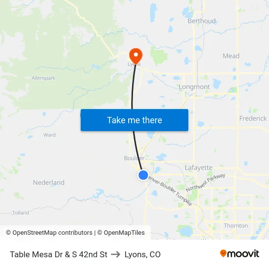 Table Mesa Dr & S 42nd St to Lyons, CO map