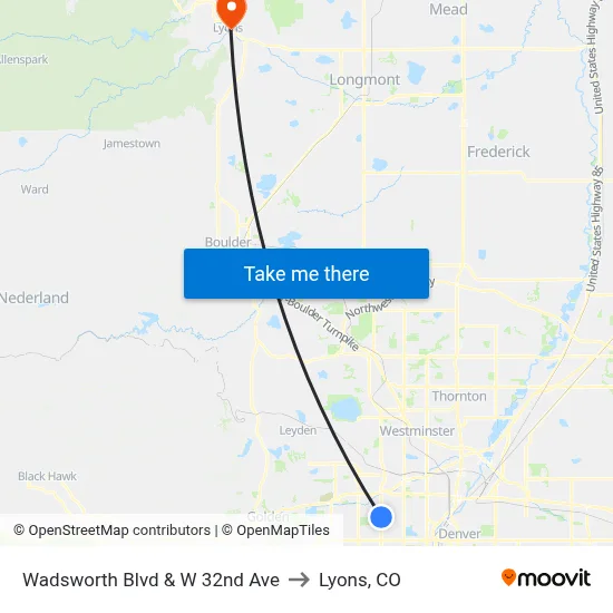 Wadsworth Blvd & W 32nd Ave to Lyons, CO map