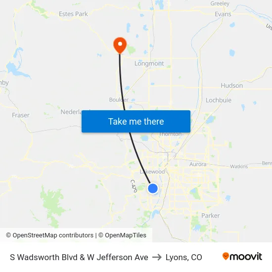 S Wadsworth Blvd & W Jefferson Ave to Lyons, CO map