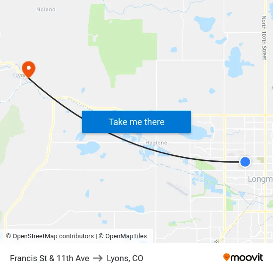 Francis St & 11th Ave to Lyons, CO map