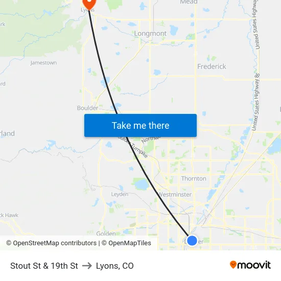 Stout St & 19th St to Lyons, CO map
