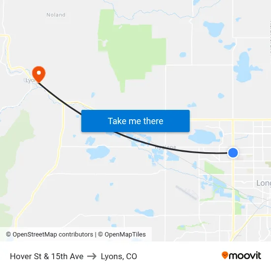 Hover St & 15th Ave to Lyons, CO map