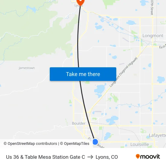 Us 36 & Table Mesa Station Gate C to Lyons, CO map