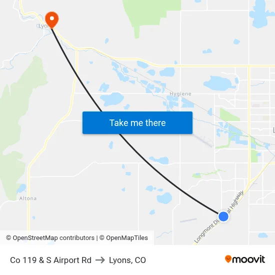 Co 119 & S Airport Rd to Lyons, CO map