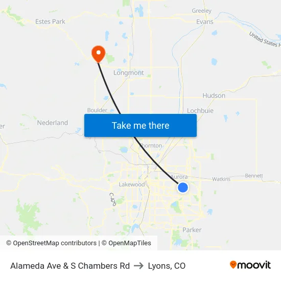 Alameda Ave & S Chambers Rd to Lyons, CO map