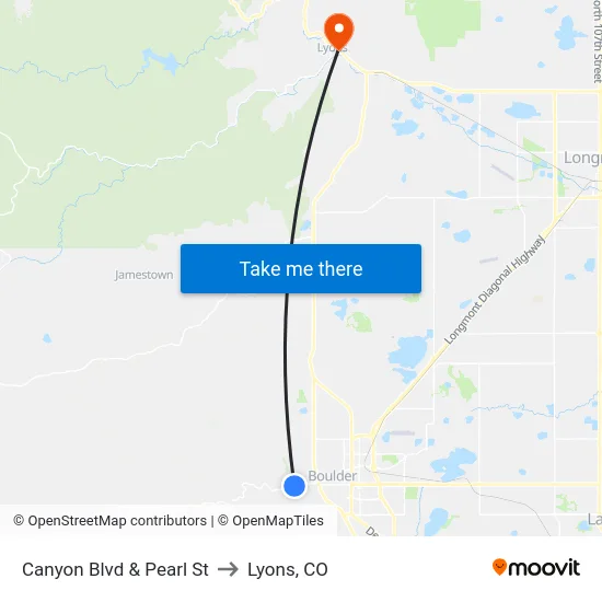 Canyon Blvd & Pearl St to Lyons, CO map