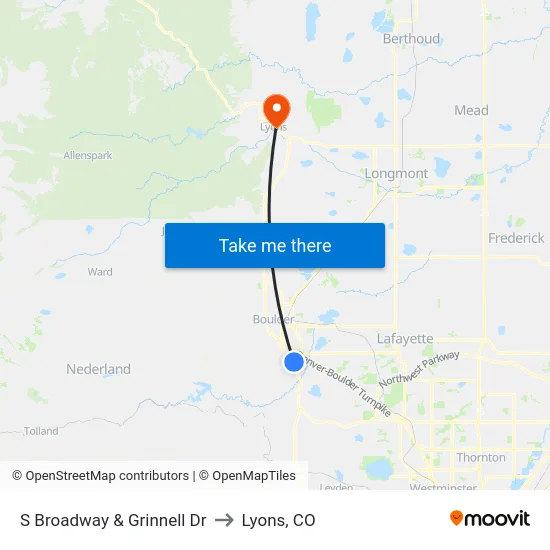 S Broadway & Grinnell Dr to Lyons, CO map