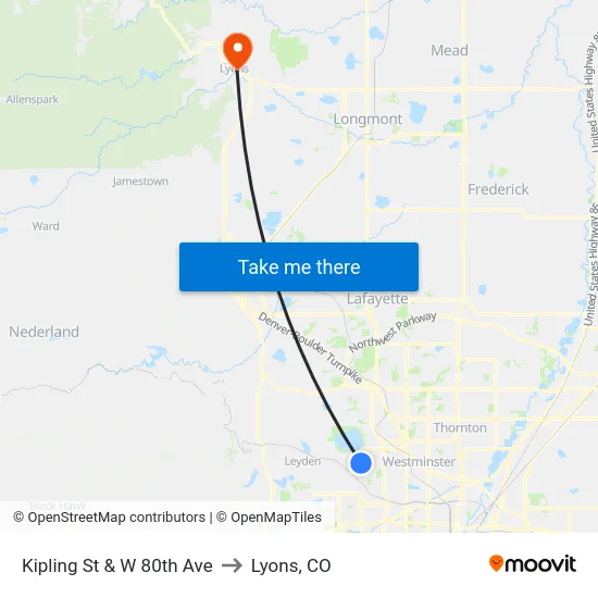Kipling St & W 80th Ave to Lyons, CO map
