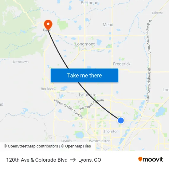 120th Ave & Colorado Blvd to Lyons, CO map