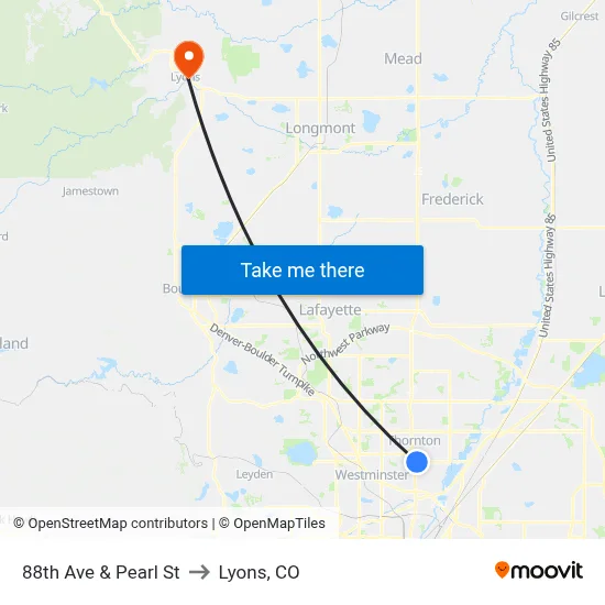 88th Ave & Pearl St to Lyons, CO map