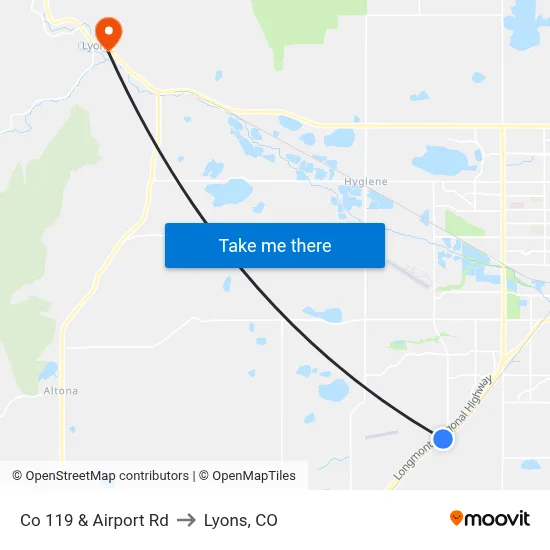 Co 119 & Airport Rd to Lyons, CO map