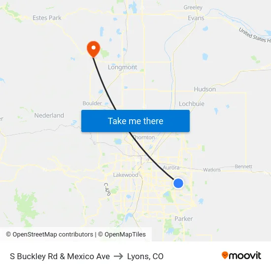 S Buckley Rd & Mexico Ave to Lyons, CO map