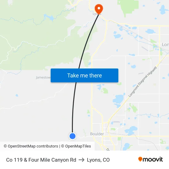 Co 119 & Four Mile Canyon Rd to Lyons, CO map