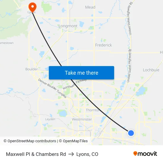 Maxwell Pl & Chambers Rd to Lyons, CO map