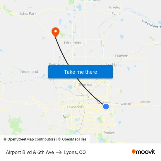 Airport Blvd & 6th Ave to Lyons, CO map