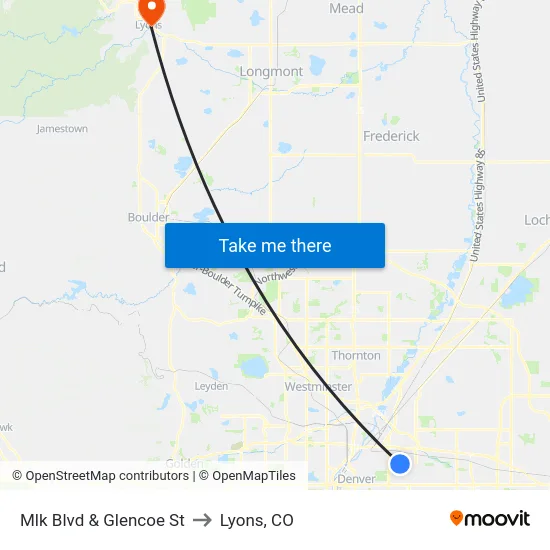 Mlk Blvd & Glencoe St to Lyons, CO map