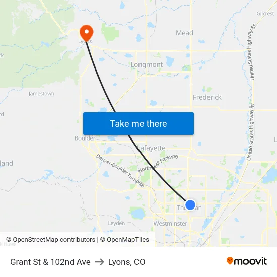 Grant St & 102nd Ave to Lyons, CO map