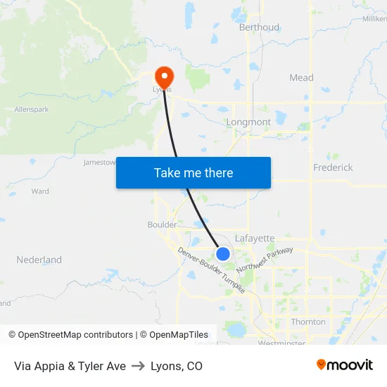 Via Appia & Tyler Ave to Lyons, CO map