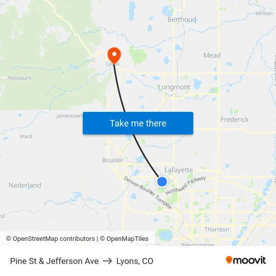 Pine St & Jefferson Ave to Lyons, CO map