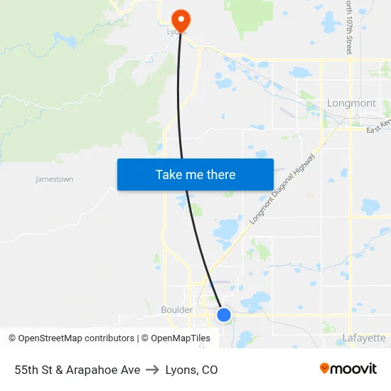 55th St & Arapahoe Ave to Lyons, CO map