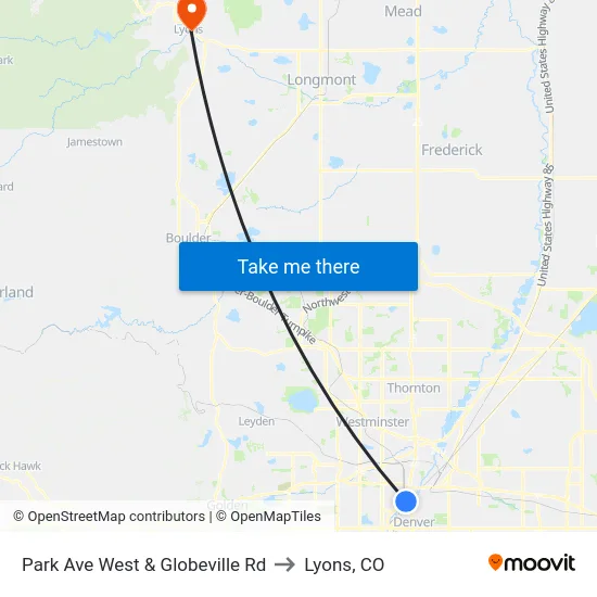 Park Ave West & Globeville Rd to Lyons, CO map