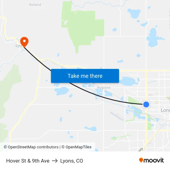 Hover St & 9th Ave to Lyons, CO map