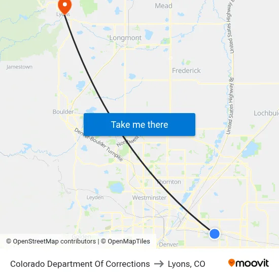 Colorado Department Of Corrections to Lyons, CO map