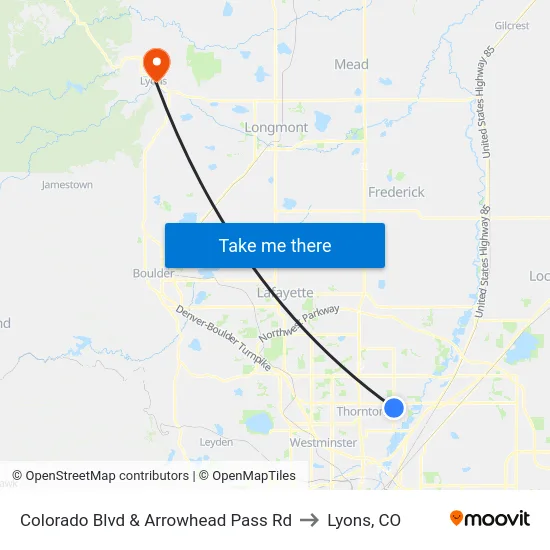 Colorado Blvd & Arrowhead Pass Rd to Lyons, CO map