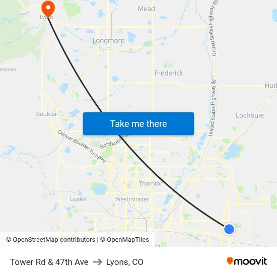 Tower Rd & 47th Ave to Lyons, CO map
