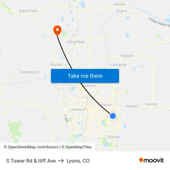 S Tower Rd & Iliff Ave to Lyons, CO map