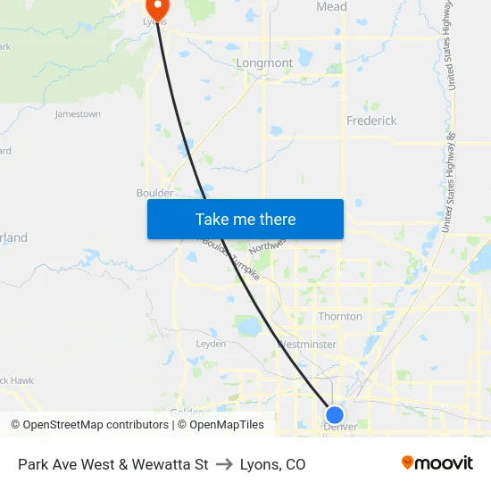 Park Ave West & Wewatta St to Lyons, CO map