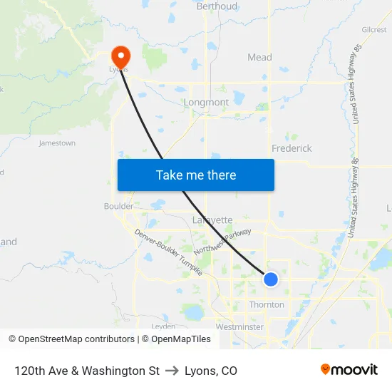 120th Ave & Washington St to Lyons, CO map